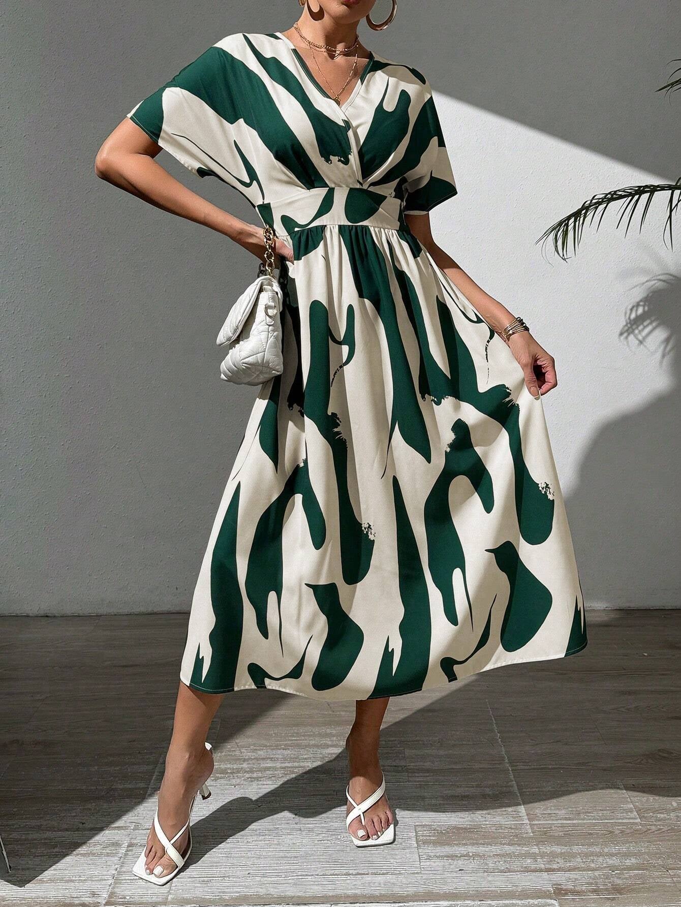 Printed V-Neck A-Line Dress